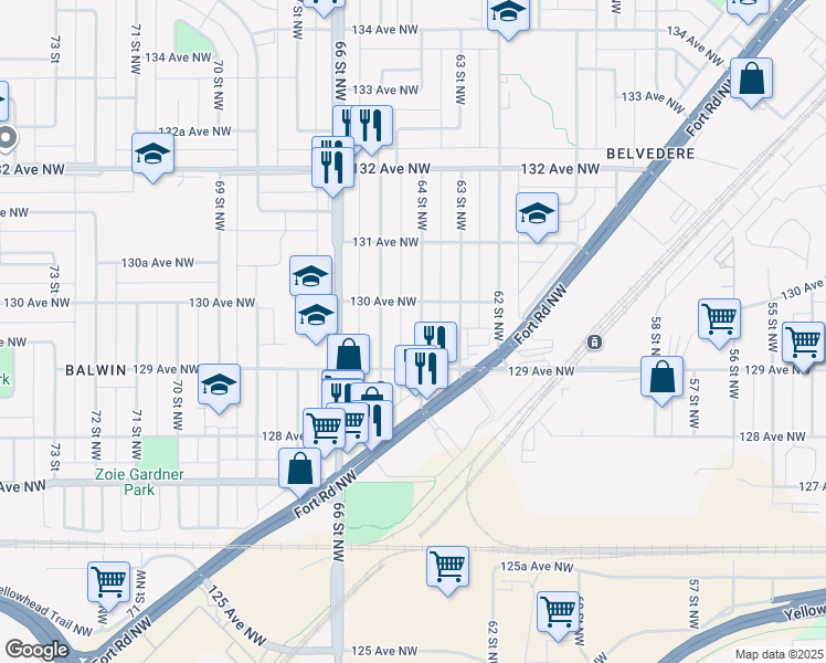map of restaurants, bars, coffee shops, grocery stores, and more near 12928 64 Street Northwest in Edmonton