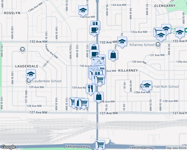 map of restaurants, bars, coffee shops, grocery stores, and more near 12955 101 Street Northwest in Edmonton