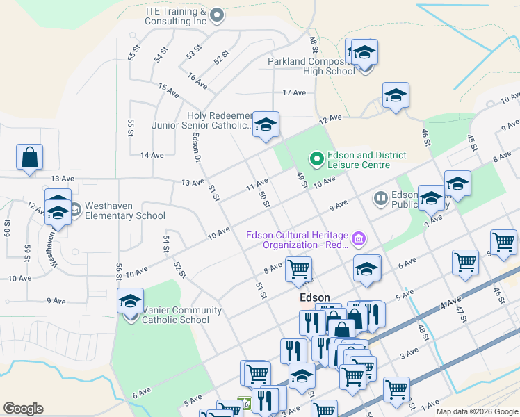 map of restaurants, bars, coffee shops, grocery stores, and more near 1014 50 Street in Edson