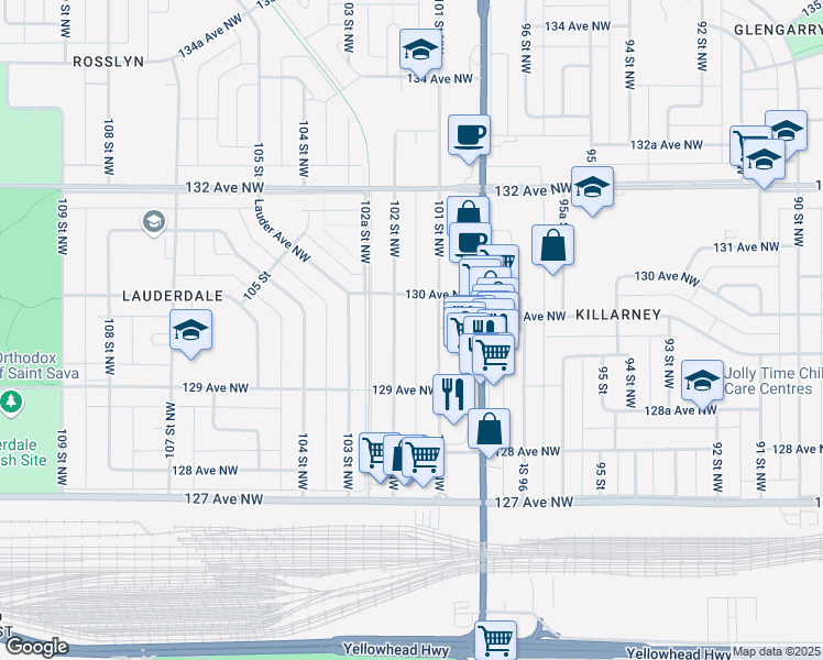map of restaurants, bars, coffee shops, grocery stores, and more near 12947 102 Street Northwest in Edmonton