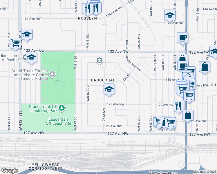 map of restaurants, bars, coffee shops, grocery stores, and more near 12937 107 Street Northwest in Edmonton