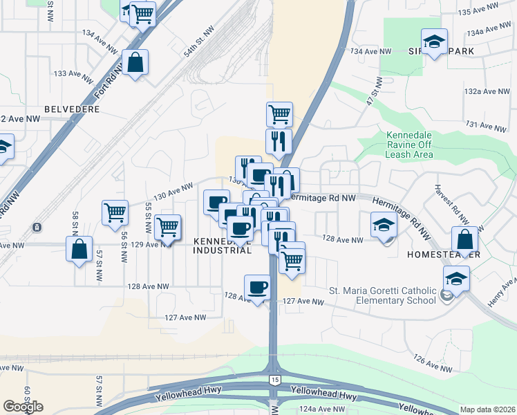 map of restaurants, bars, coffee shops, grocery stores, and more near 12988 50 Street Northwest in Edmonton