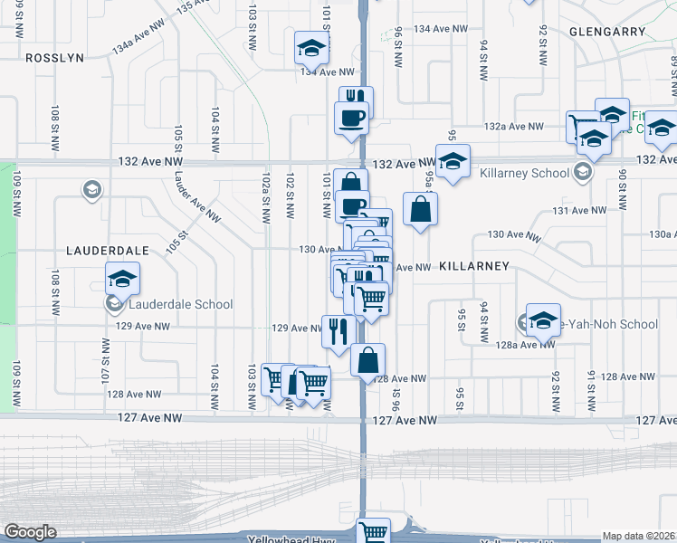 map of restaurants, bars, coffee shops, grocery stores, and more near 12955 101 Street Northwest in Edmonton
