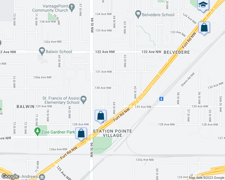 map of restaurants, bars, coffee shops, grocery stores, and more near 12940 64 Street Northwest in Edmonton