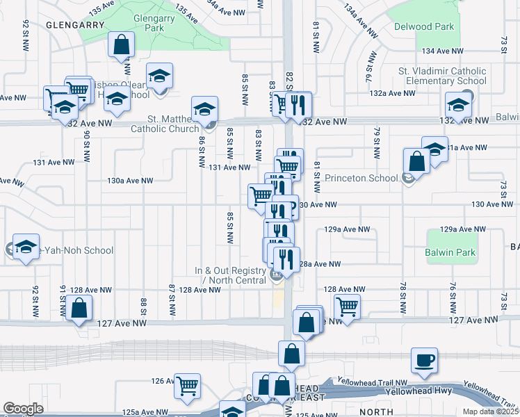 map of restaurants, bars, coffee shops, grocery stores, and more near 8231 130 Avenue Northwest in Edmonton
