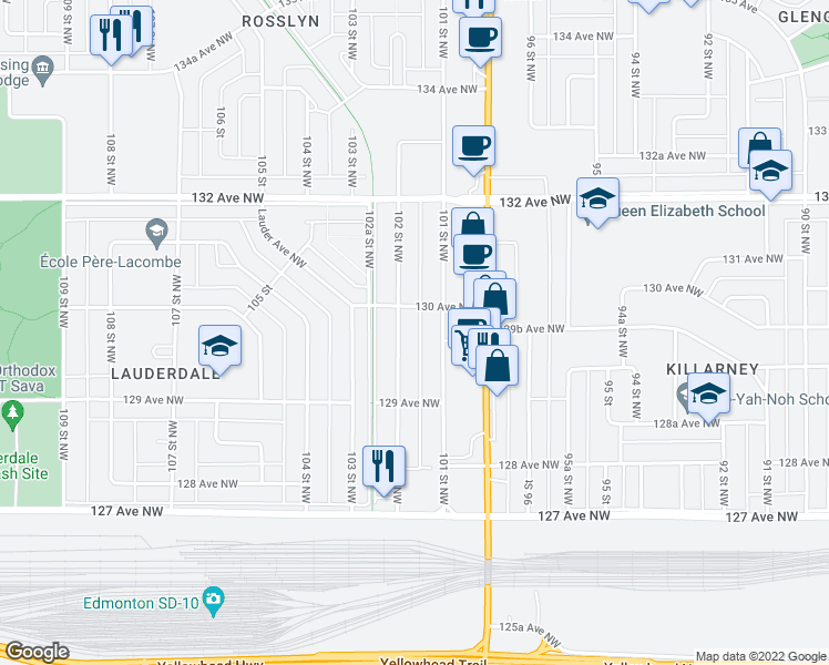 map of restaurants, bars, coffee shops, grocery stores, and more near 12947 102 Street Northwest in Edmonton