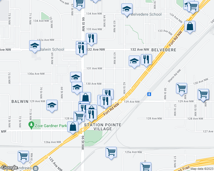 map of restaurants, bars, coffee shops, grocery stores, and more near 12941 64 Street Northwest in Edmonton