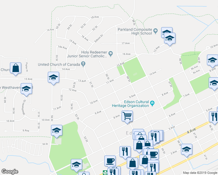 map of restaurants, bars, coffee shops, grocery stores, and more near 1014 50 Street in Edson