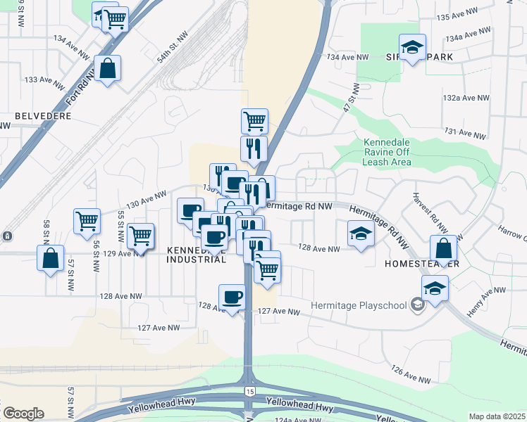 map of restaurants, bars, coffee shops, grocery stores, and more near 12981 50 Street Northwest in Edmonton