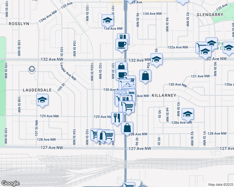 map of restaurants, bars, coffee shops, grocery stores, and more near 12955 101 Street Northwest in Edmonton