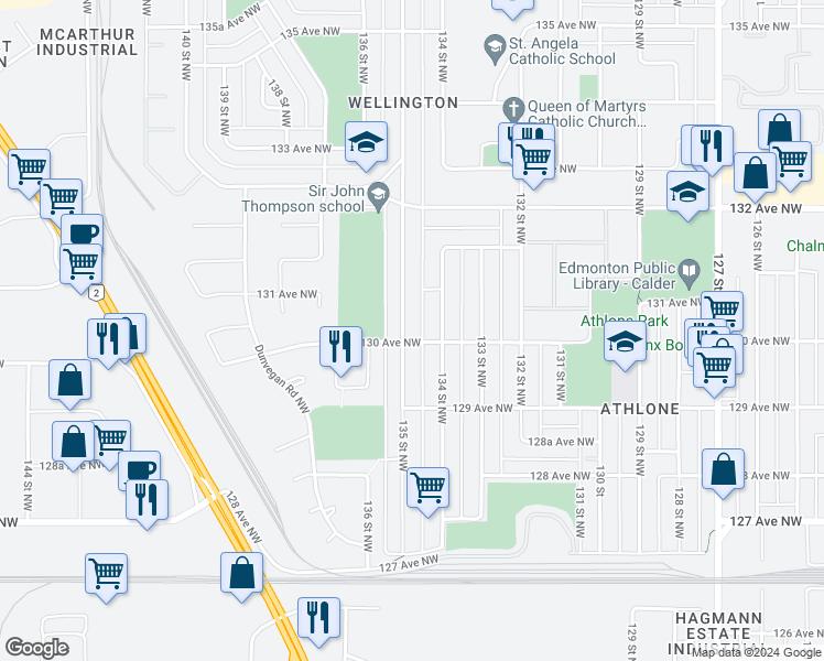 map of restaurants, bars, coffee shops, grocery stores, and more near 13007 135 Street Northwest in Edmonton