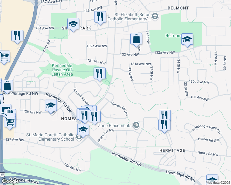 map of restaurants, bars, coffee shops, grocery stores, and more near 144 Harrow Circle Northwest in Edmonton