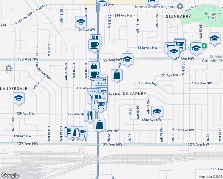 map of restaurants, bars, coffee shops, grocery stores, and more near 9550 129B Avenue Northwest in Edmonton