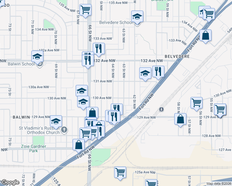 map of restaurants, bars, coffee shops, grocery stores, and more near 12941 64 Street Northwest in Edmonton