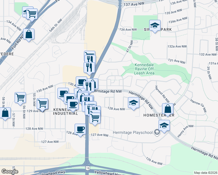 map of restaurants, bars, coffee shops, grocery stores, and more near 304 Hermitage Road Northwest in Edmonton