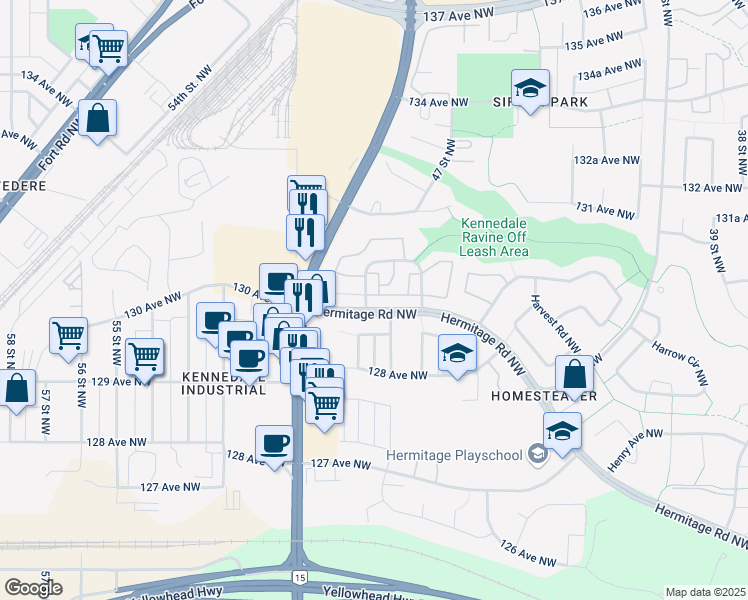 map of restaurants, bars, coffee shops, grocery stores, and more near 304 Hermitage Road Northwest in Edmonton