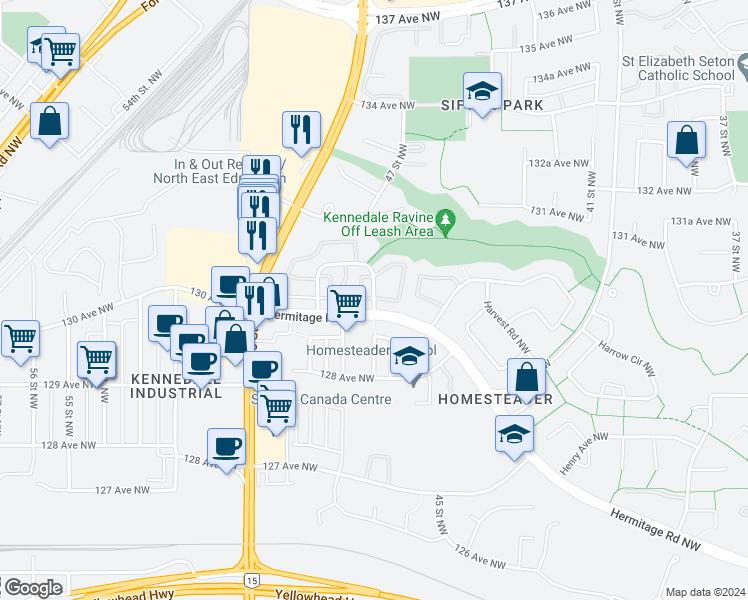 map of restaurants, bars, coffee shops, grocery stores, and more near 57 Habitat Crescent Northwest in Edmonton