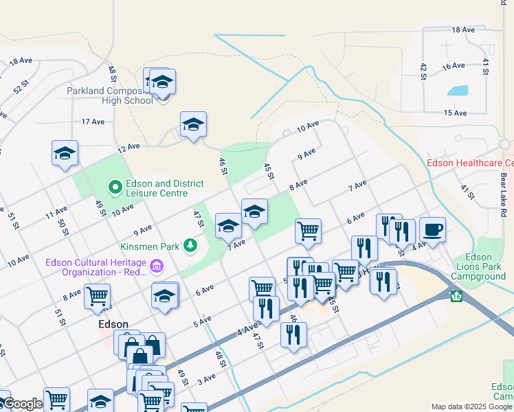 map of restaurants, bars, coffee shops, grocery stores, and more near 4524 8 Avenue in Edson