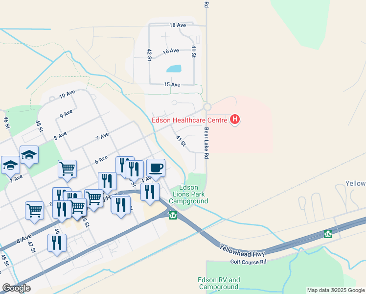 map of restaurants, bars, coffee shops, grocery stores, and more near 4028 5 Avenue in Edson