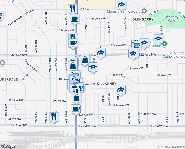 map of restaurants, bars, coffee shops, grocery stores, and more near 13010 95A Street Northwest in Edmonton