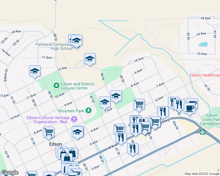 map of restaurants, bars, coffee shops, grocery stores, and more near 817 46 Street in Edson