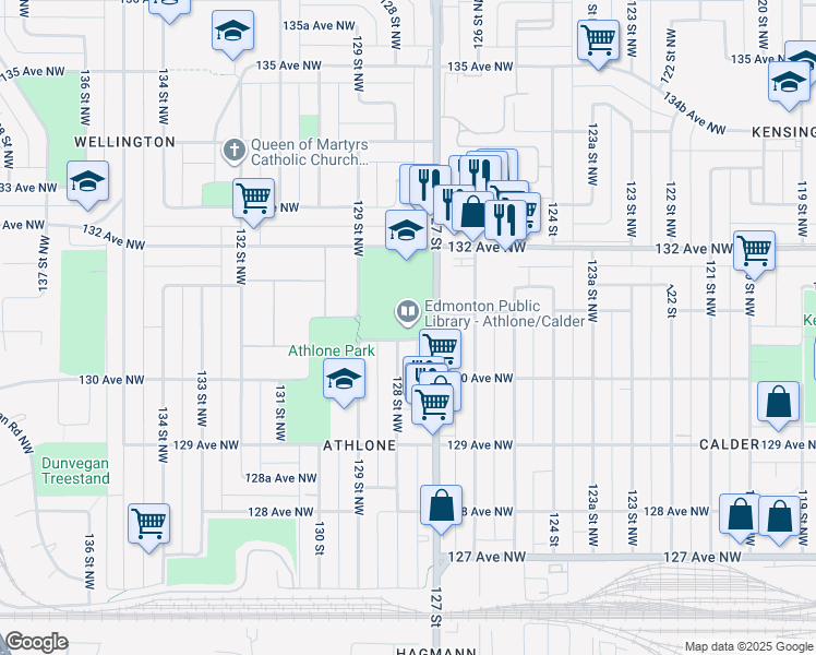 map of restaurants, bars, coffee shops, grocery stores, and more near 12710 131 Avenue Northwest in Edmonton