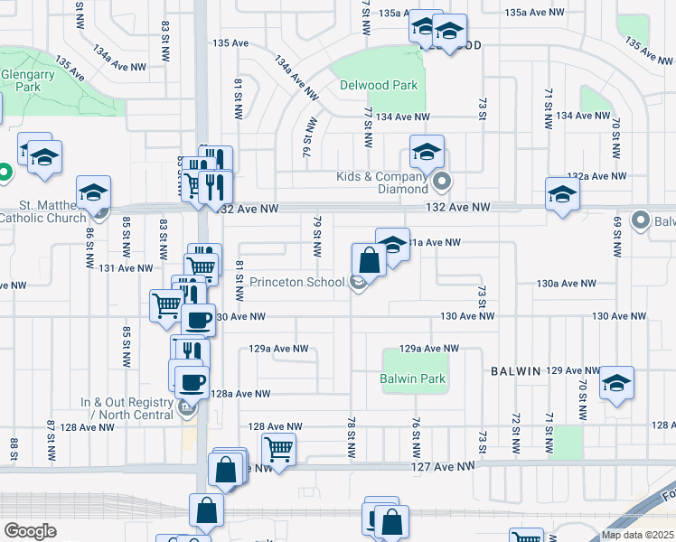 map of restaurants, bars, coffee shops, grocery stores, and more near 13024 78 Street Northwest in Edmonton