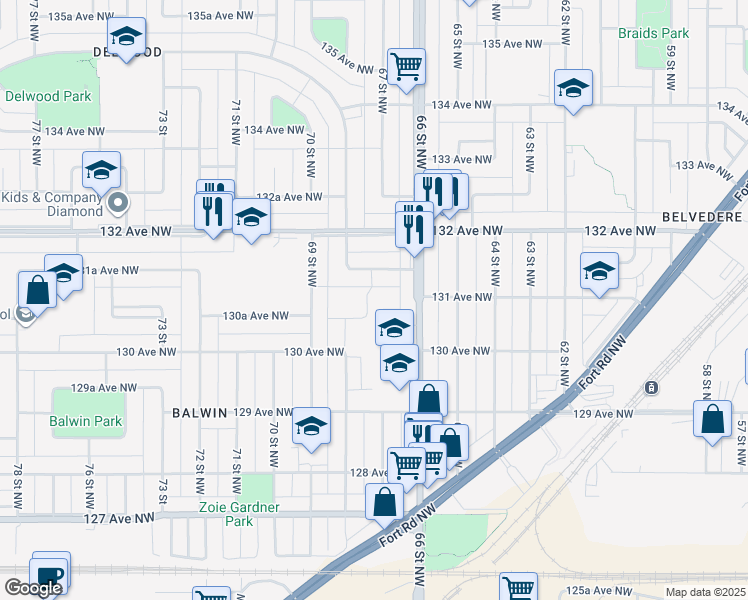map of restaurants, bars, coffee shops, grocery stores, and more near 115 Village Acres Northwest in Edmonton