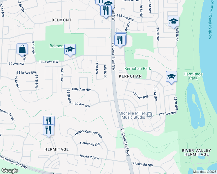 map of restaurants, bars, coffee shops, grocery stores, and more near 13031 30 Street Northwest in Edmonton