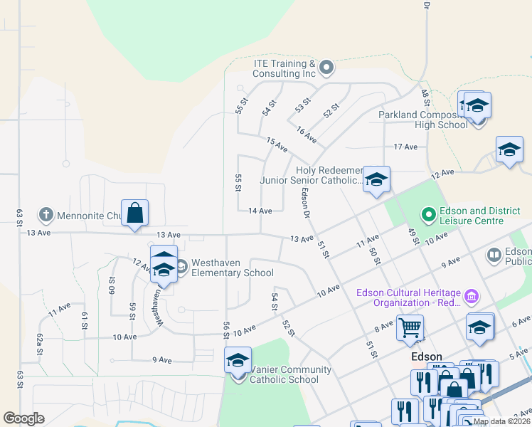 map of restaurants, bars, coffee shops, grocery stores, and more near 5333 14 Avenue in Edson