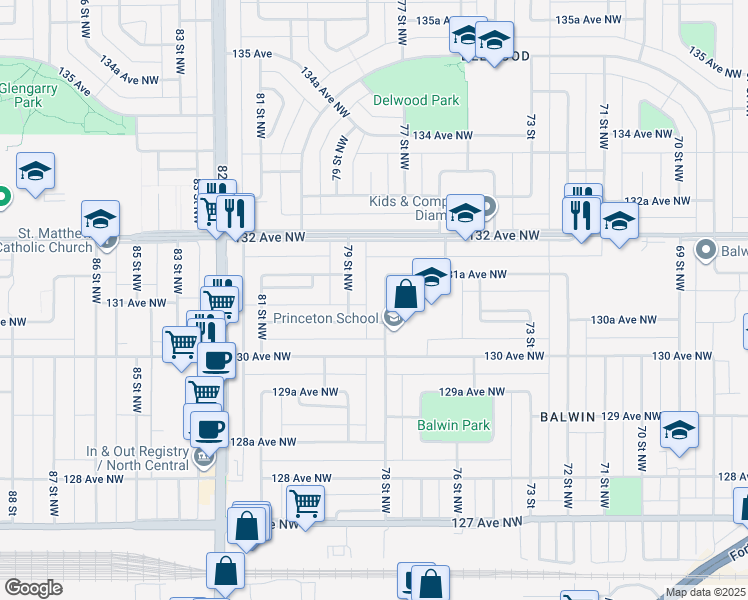 map of restaurants, bars, coffee shops, grocery stores, and more near 13024 78 Street Northwest in Edmonton