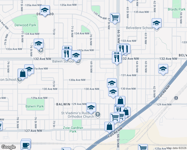 map of restaurants, bars, coffee shops, grocery stores, and more near in Edmonton