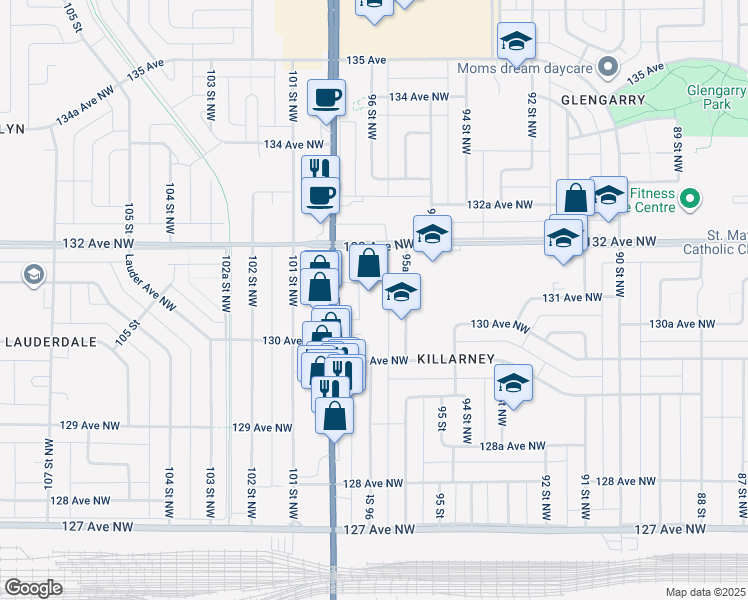 map of restaurants, bars, coffee shops, grocery stores, and more near 13010 95A Street Northwest in Edmonton