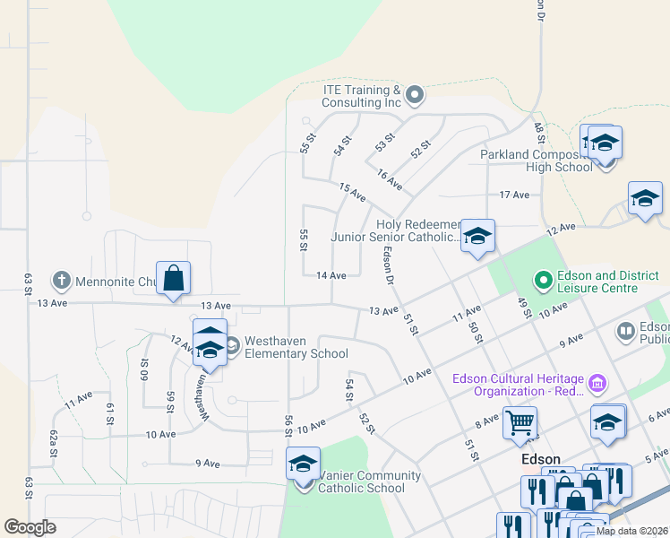 map of restaurants, bars, coffee shops, grocery stores, and more near 5333 14 Avenue in Edson