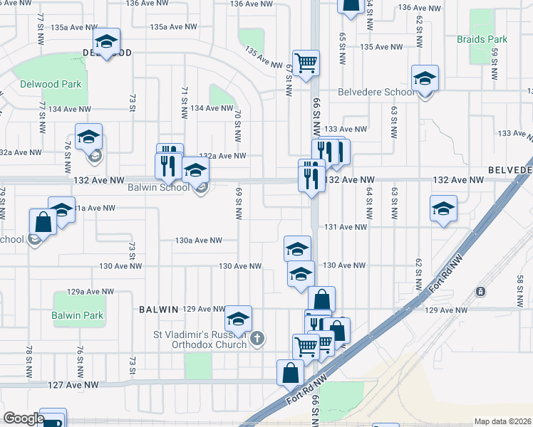 map of restaurants, bars, coffee shops, grocery stores, and more near 6711 131A Avenue Northwest in Edmonton