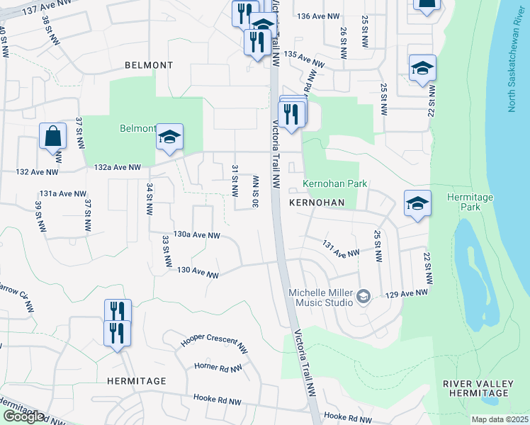 map of restaurants, bars, coffee shops, grocery stores, and more near 13031 30 Street Northwest in Edmonton