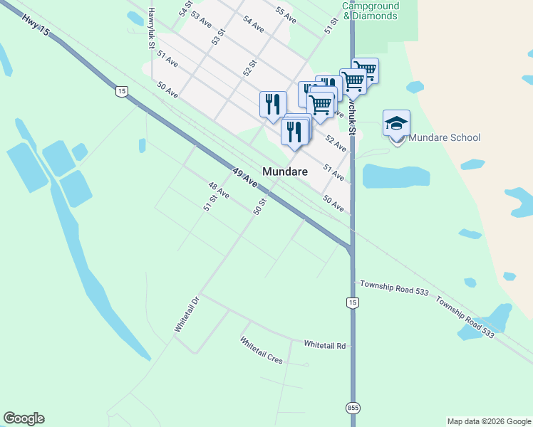 map of restaurants, bars, coffee shops, grocery stores, and more near 4711 50 Street in Mundare