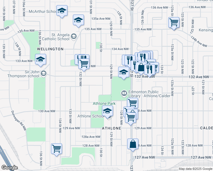 map of restaurants, bars, coffee shops, grocery stores, and more near 12911 132 Avenue Northwest in Edmonton