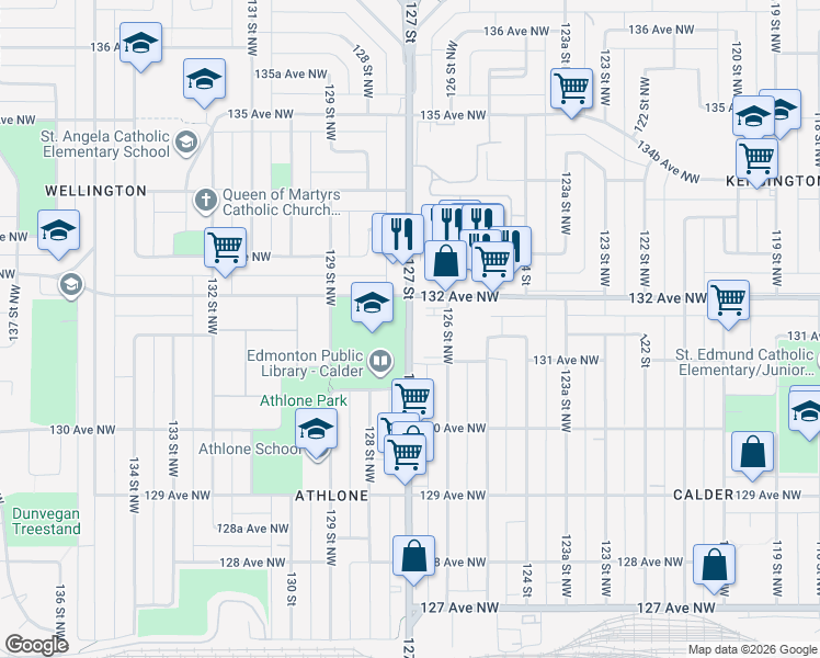 map of restaurants, bars, coffee shops, grocery stores, and more near 13123 127 Street Northwest in Edmonton
