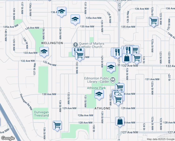 map of restaurants, bars, coffee shops, grocery stores, and more near 13031 132 Avenue Northwest in Edmonton
