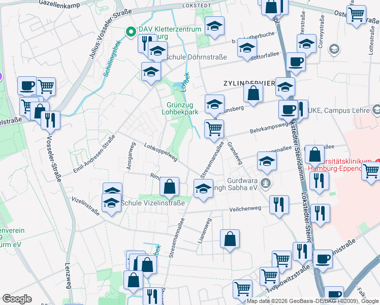 map of restaurants, bars, coffee shops, grocery stores, and more near 12 Lohkoppelweg in Hamburg