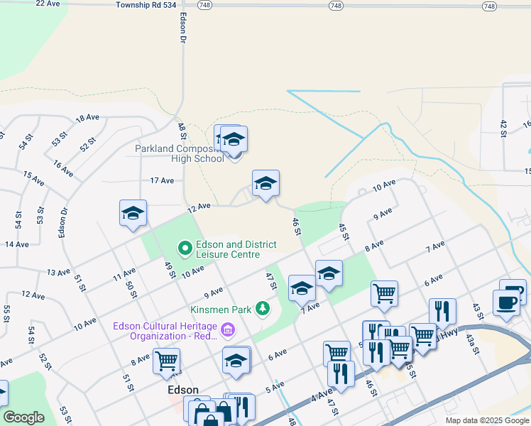 map of restaurants, bars, coffee shops, grocery stores, and more near 4619 12 Avenue in Edson