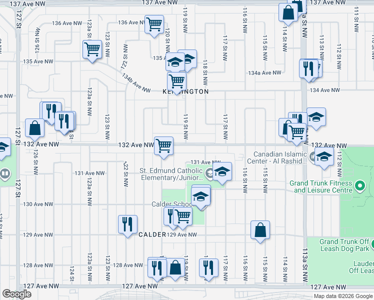 map of restaurants, bars, coffee shops, grocery stores, and more near 11811 132 Avenue Northwest in Edmonton