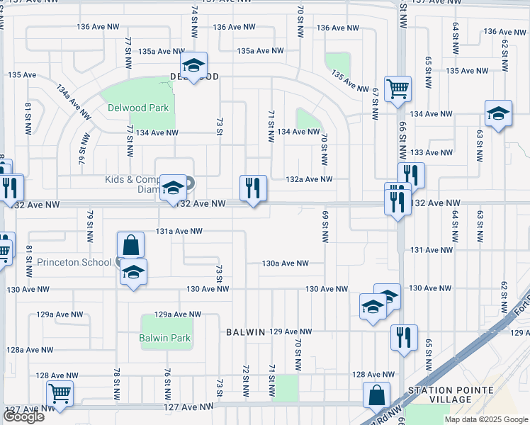 map of restaurants, bars, coffee shops, grocery stores, and more near 7107 132 Avenue Northwest in Edmonton