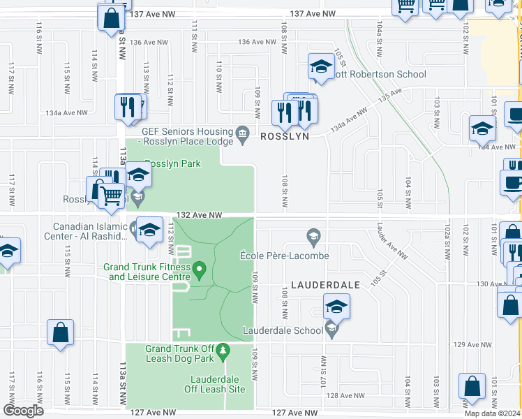 map of restaurants, bars, coffee shops, grocery stores, and more near 10826 132 Avenue Northwest in Edmonton