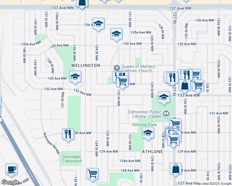 map of restaurants, bars, coffee shops, grocery stores, and more near 13211 132 Avenue Northwest in Edmonton