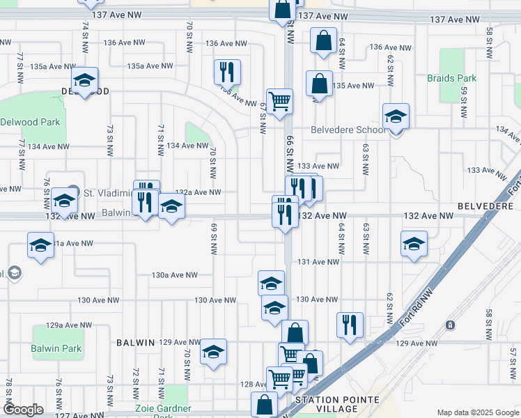 map of restaurants, bars, coffee shops, grocery stores, and more near 6707 132 Avenue Northwest in Edmonton