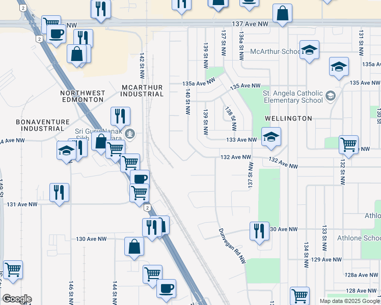map of restaurants, bars, coffee shops, grocery stores, and more near 13220 140 Street Northwest in Edmonton