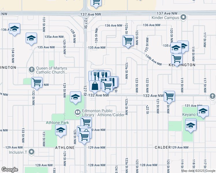 map of restaurants, bars, coffee shops, grocery stores, and more near 12510 132 Avenue Northwest in Edmonton