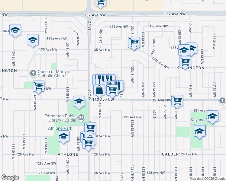 map of restaurants, bars, coffee shops, grocery stores, and more near 12510 132 Avenue Northwest in Edmonton